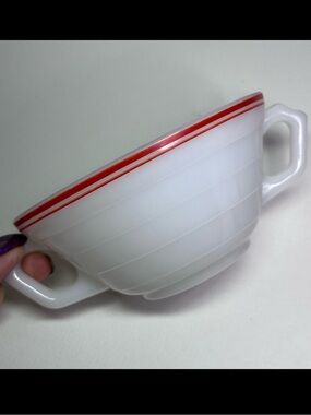 Vintage Hazel Atlas Platonite Milk Glass Double-Handled Bowl with Red Pinstripes